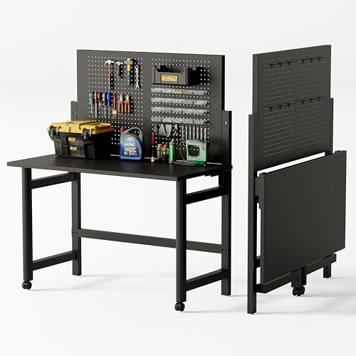 ガービー（Garvee） 折りたたみ作業台 ワークベンチ 作業テーブル 作業台 工具台車 工作台 ツールカート 作業デスク 折りたたみデスク 壁掛け作業台 有孔ボード 折り畳み 工具収納 スチール製 4個フック省スペーステーブル